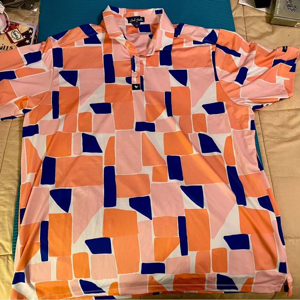 Bad Birdie Orange and Blue Geometric Polo